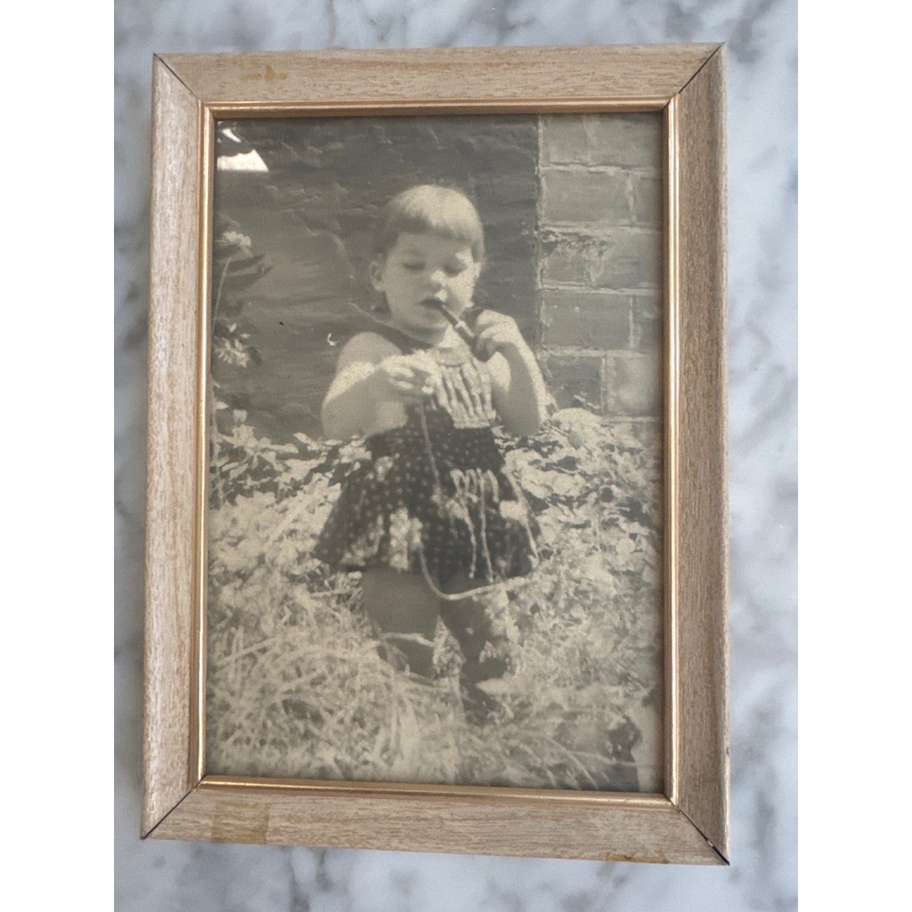 Vintage B&W Photo Child with Pipe Framed Vernacular Photography 5x7